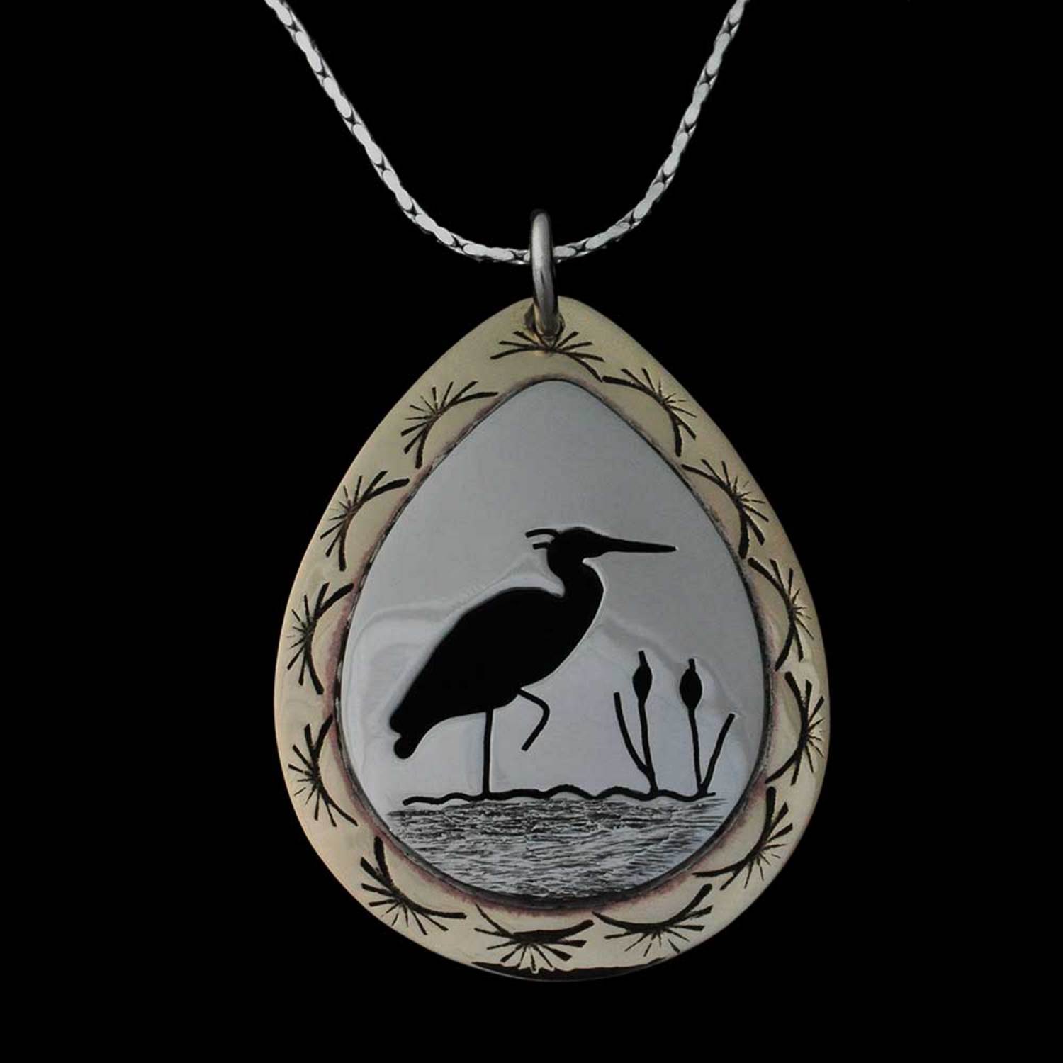 Egret Cattails Pin-Pendant