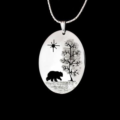  Tree/Bear Oval Sterling Silver Pendant