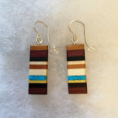  Recycled Wood And Turquoise Rectangle Earrings